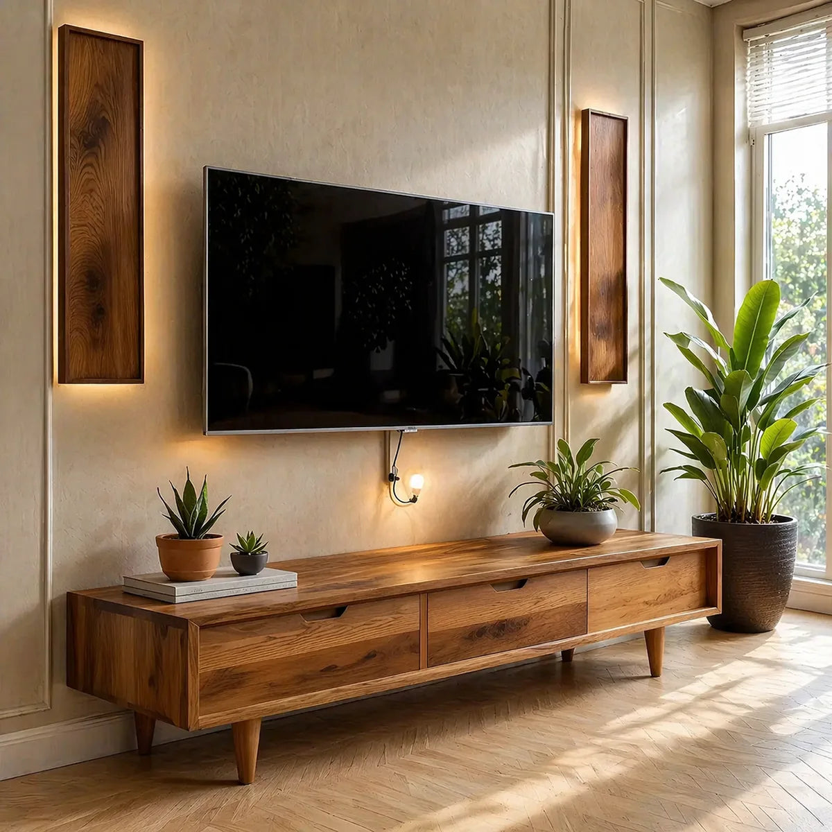 Solid Wood TV Stand with 3 Drawers and Low Mid-Century Profile