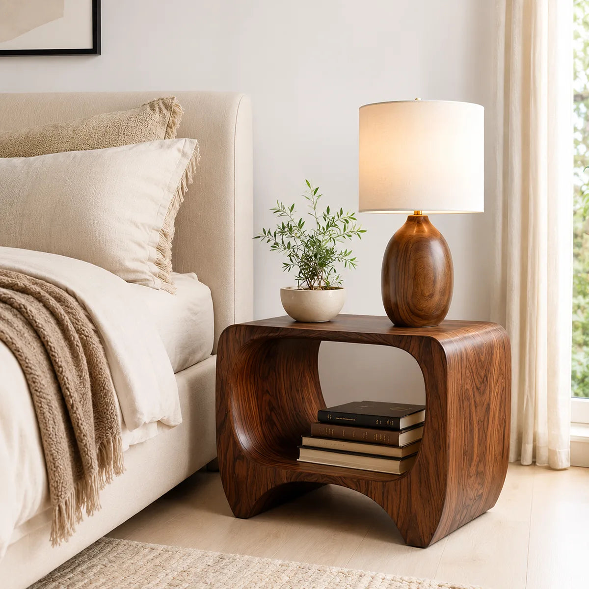 Organic Solid Wood Nightstand with Open Storage Shelf