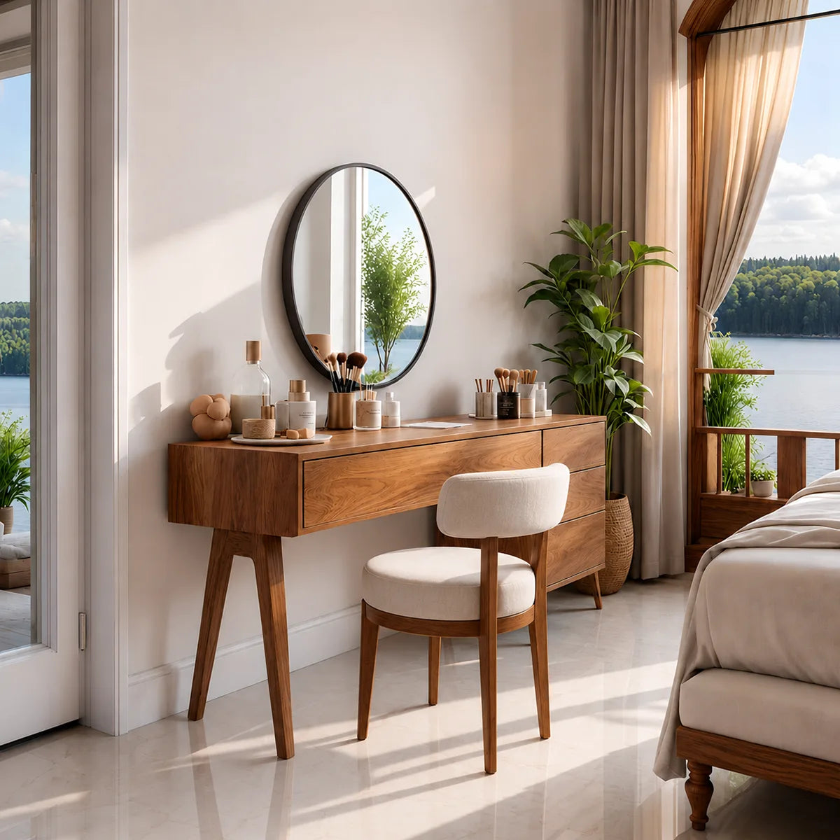 Modern Solid Wood Vanity Table with Side Drawers