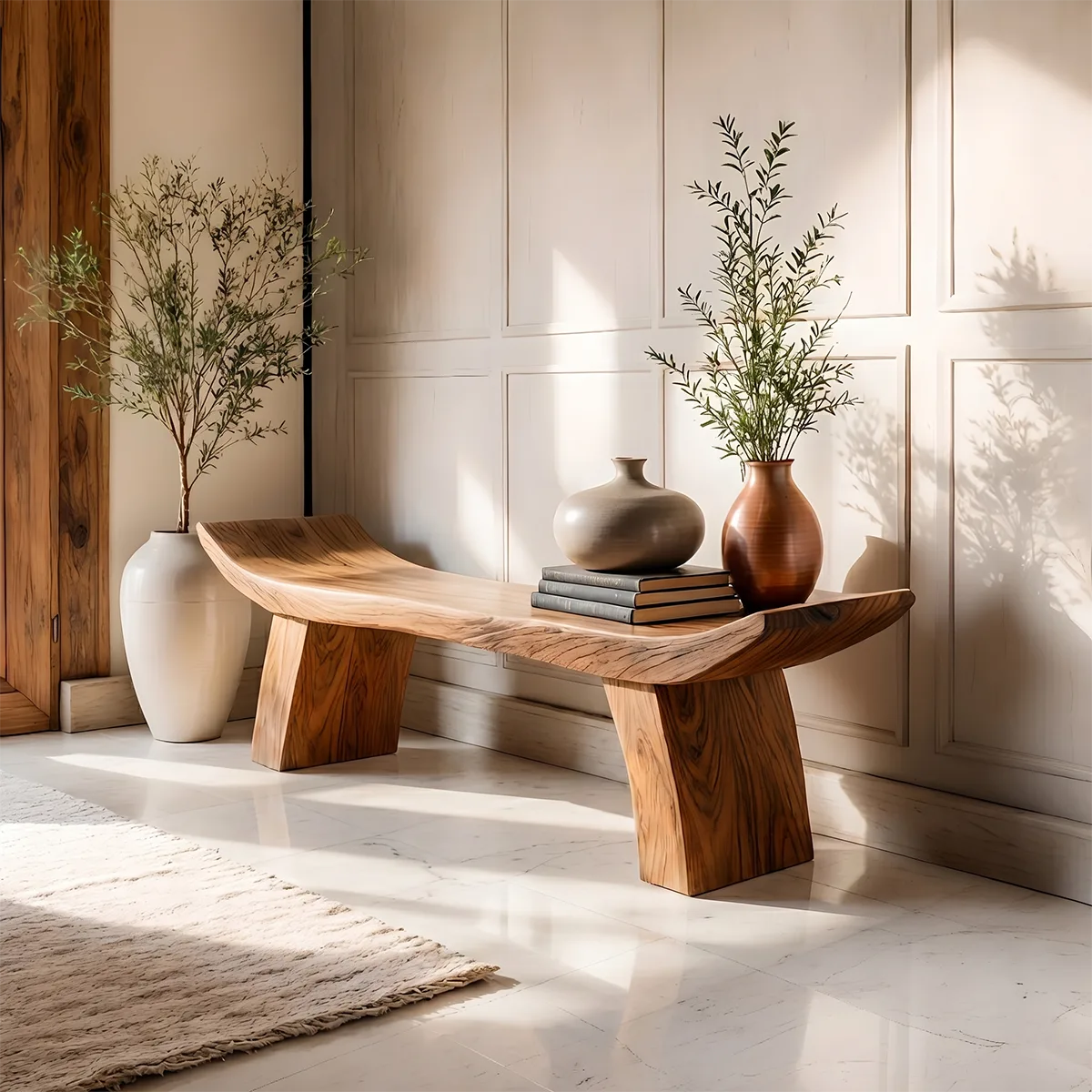 Handcrafted Curved Solid Wood Bench for Modern Entryway and Sculptural Interior Decor