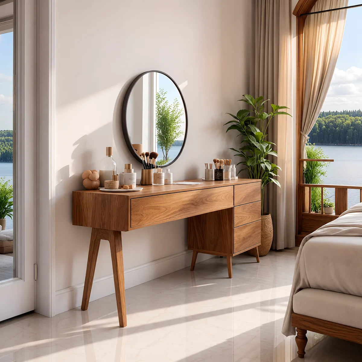 Modern Solid Wood Vanity Table with Side Drawers