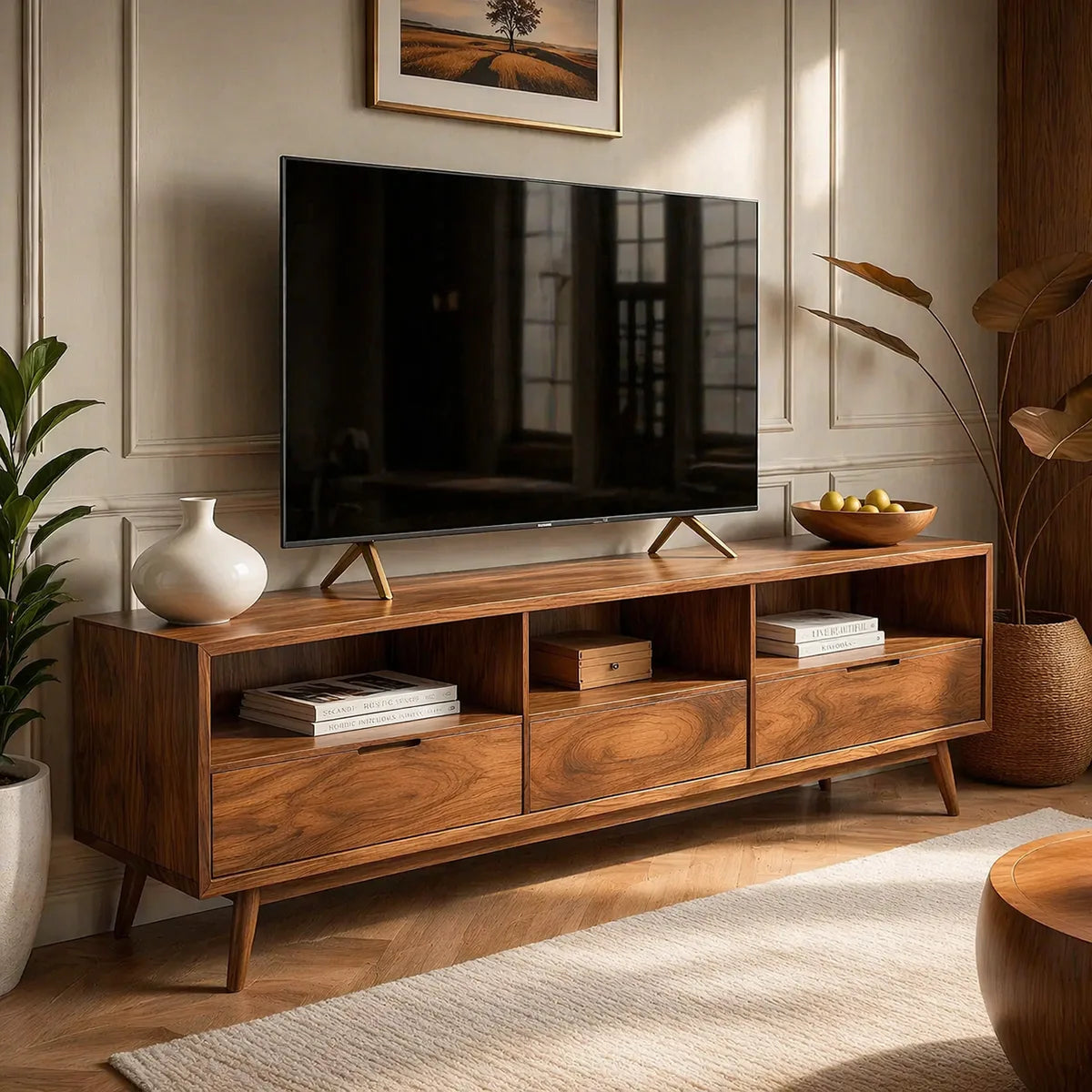 Mid Century TV Stand with Open Shelves and 3 Drawers