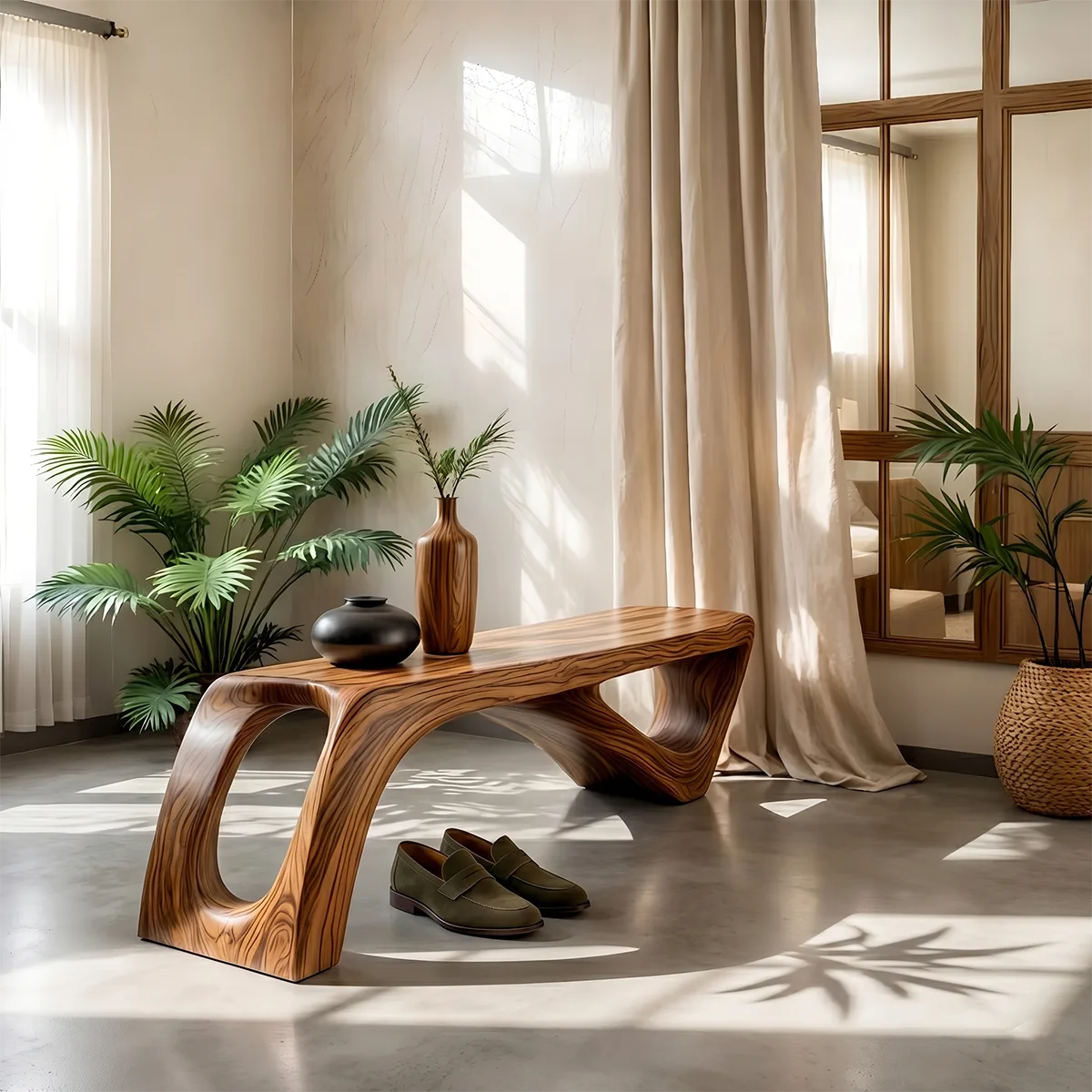 Sculptural Solid Wood Entryway Bench for Organic Modern and Contemporary Interiors