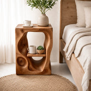 Organic Sculptural Wooden Nightstand with Open Shelf