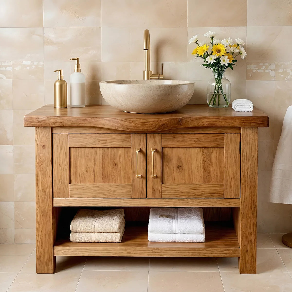 Handcrafted Natural Solid Wood Vanity Cabinet with Double Doors and Open Shelf