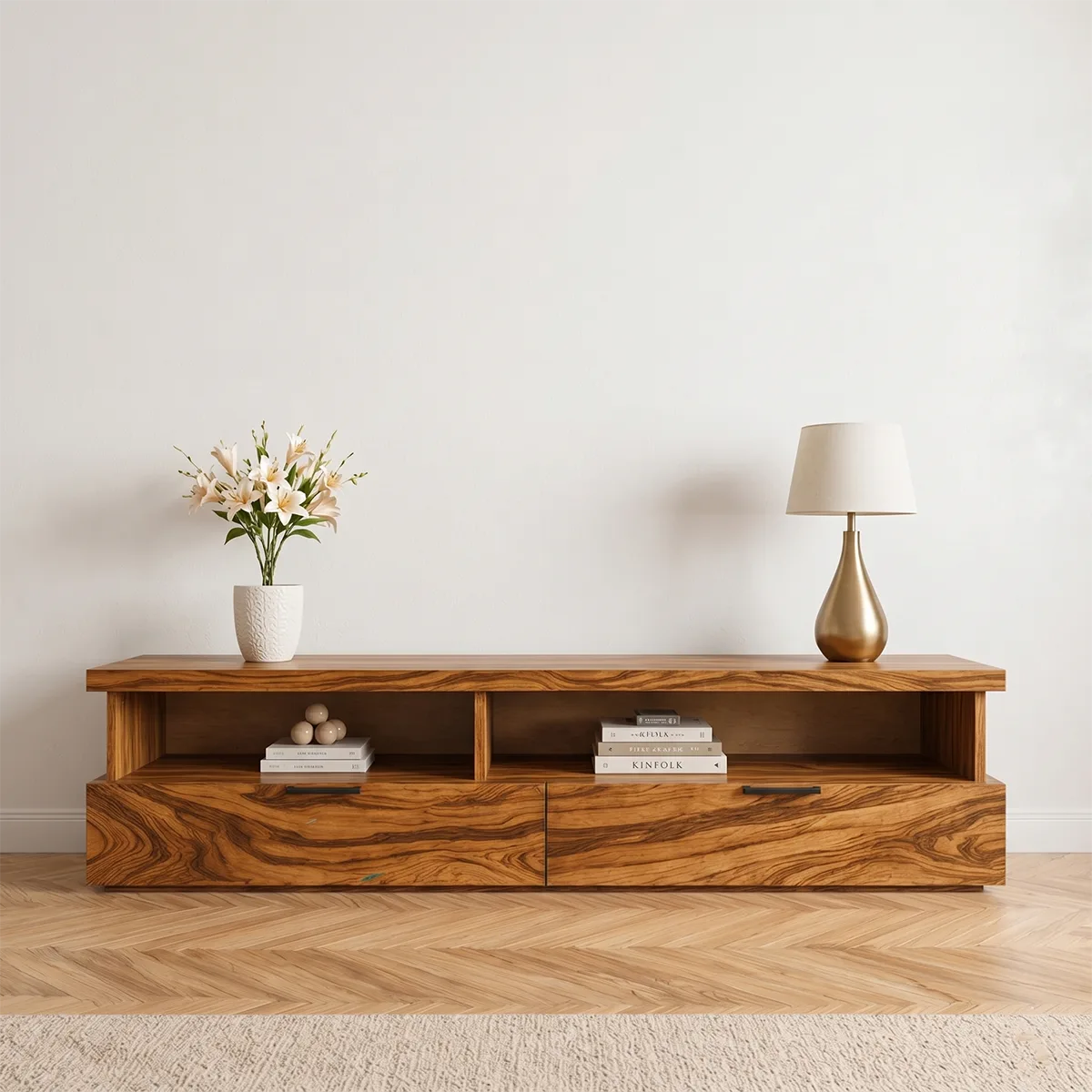 Modern Wood TV Stand with Open Shelves and 2 Drawers