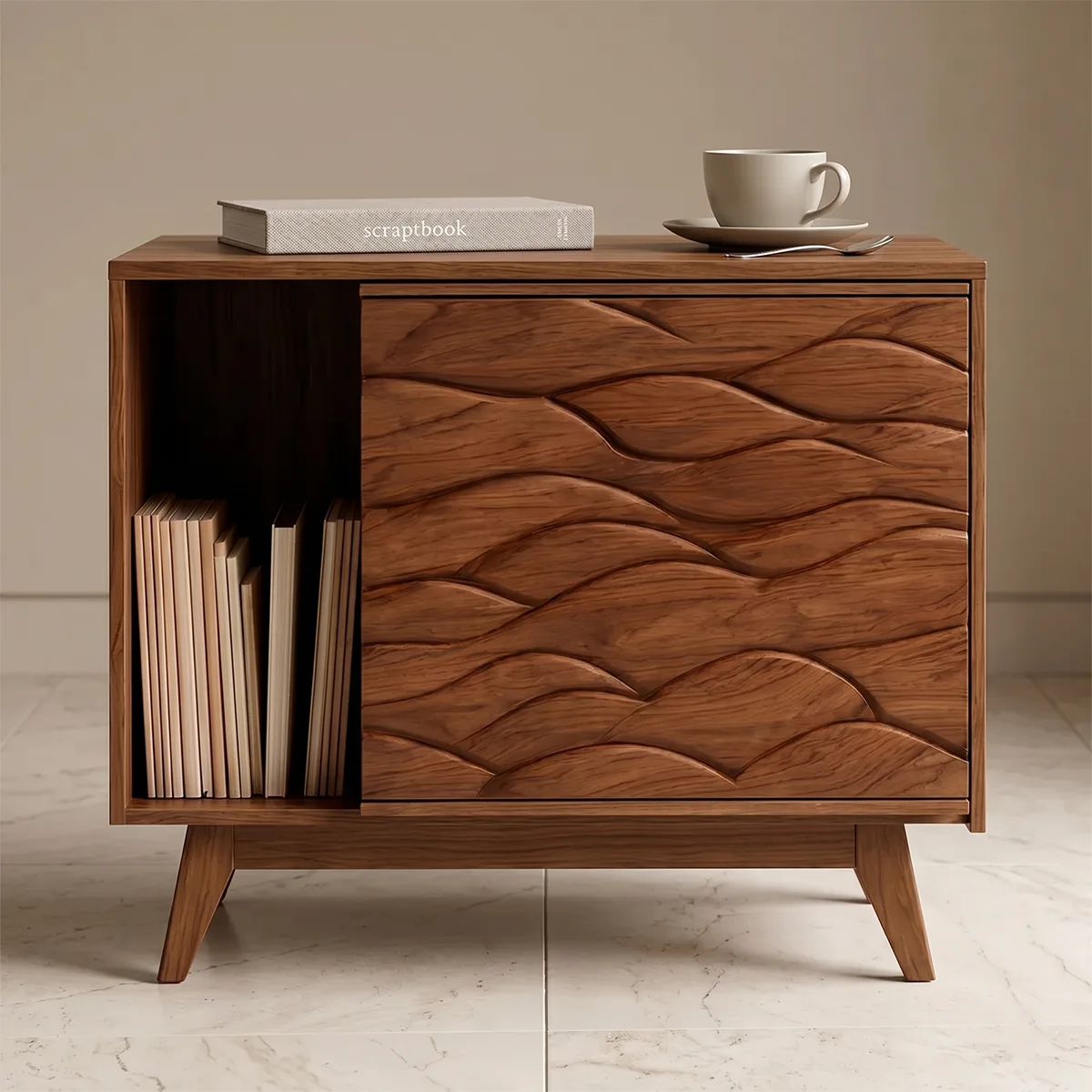 Modern Solid Wood End Table with Sliding Door | Mid Century Storage Side Table TH003-6980