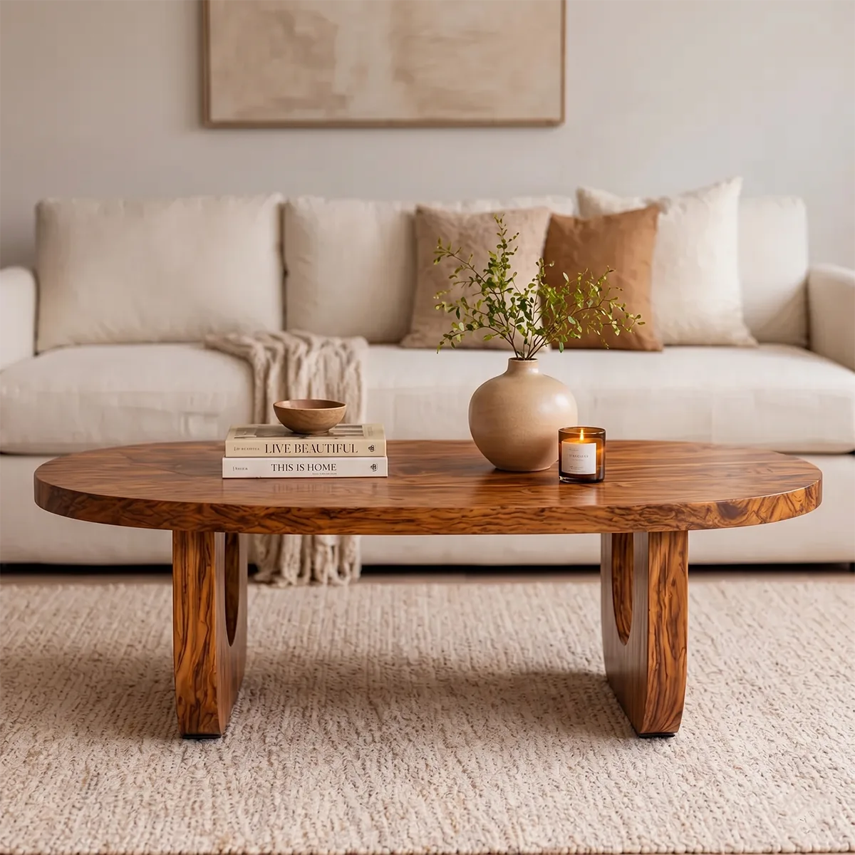 Modern Solid Wood Oval Coffee Table with Sculptural Cutout Legs