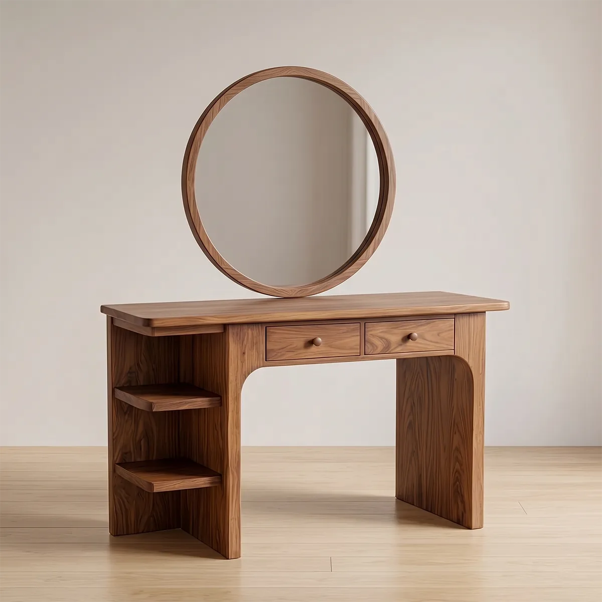 Scandinavian Solid Wood Vanity Desk with Mirror and Open Shelf Storage