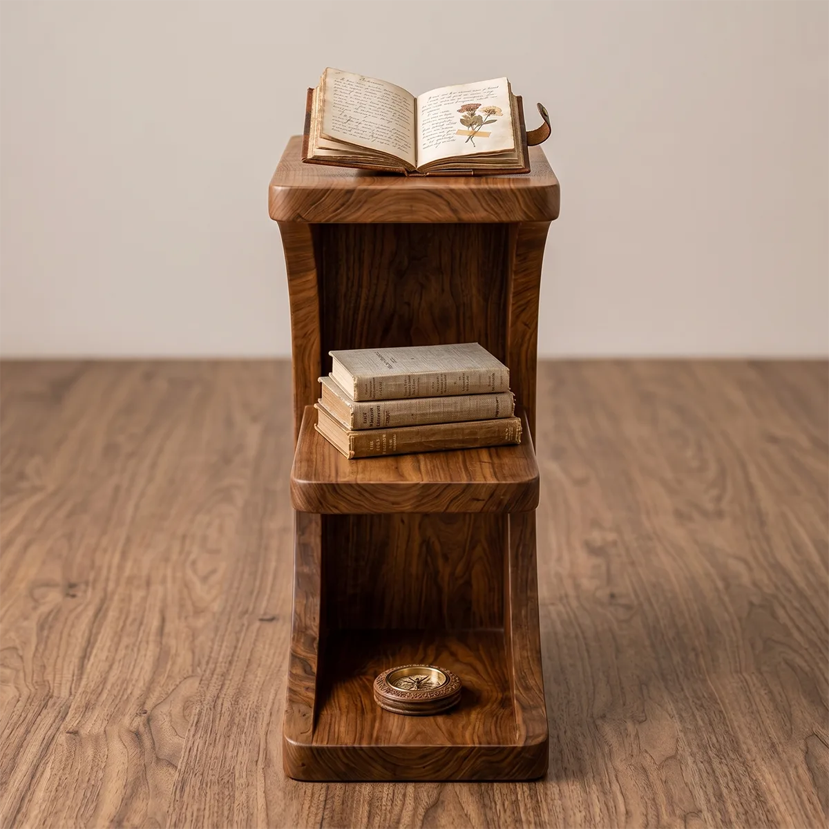Sculptural Solid Wood Nightstand with Curved Open Shelf