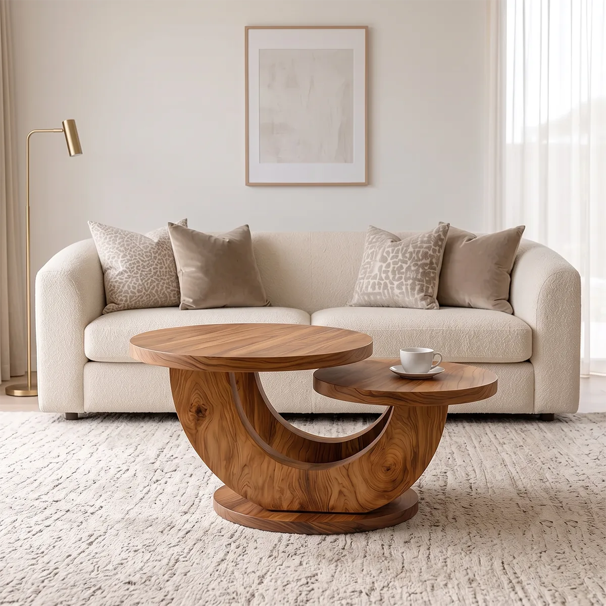 Sculptural Two-Tier Round Coffee Table with Curved Base | Organic Modern Living Room Table TH003-3SBR5VG