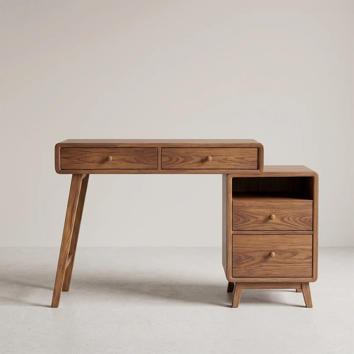 Mid-Century Solid Wood Vanity Desk with Side Cabinet Storage and Mirror