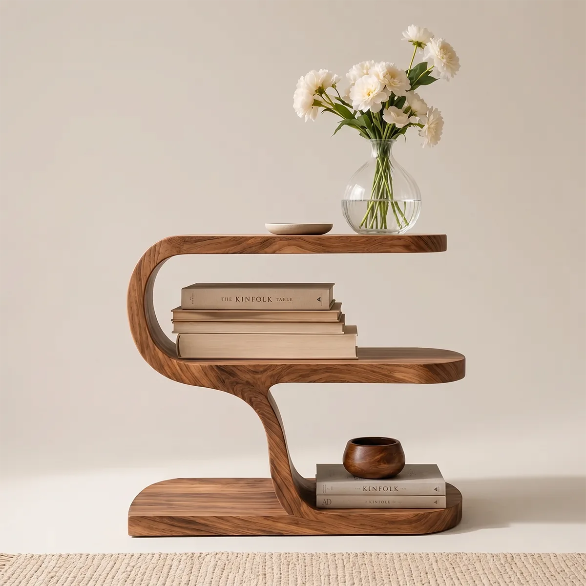 Modern Sculptural Wooden Nightstand with Open Storage Shelves