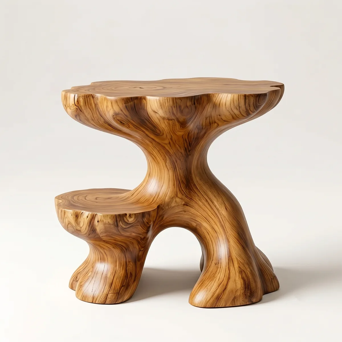 Sculptural Solid Wood Side Table with Shelf | Organic End Table TH003-9908