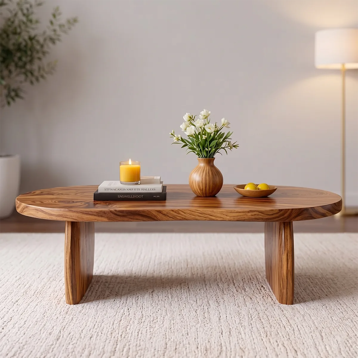 Modern Solid Wood Oval Coffee Table with Curved Slab Legs