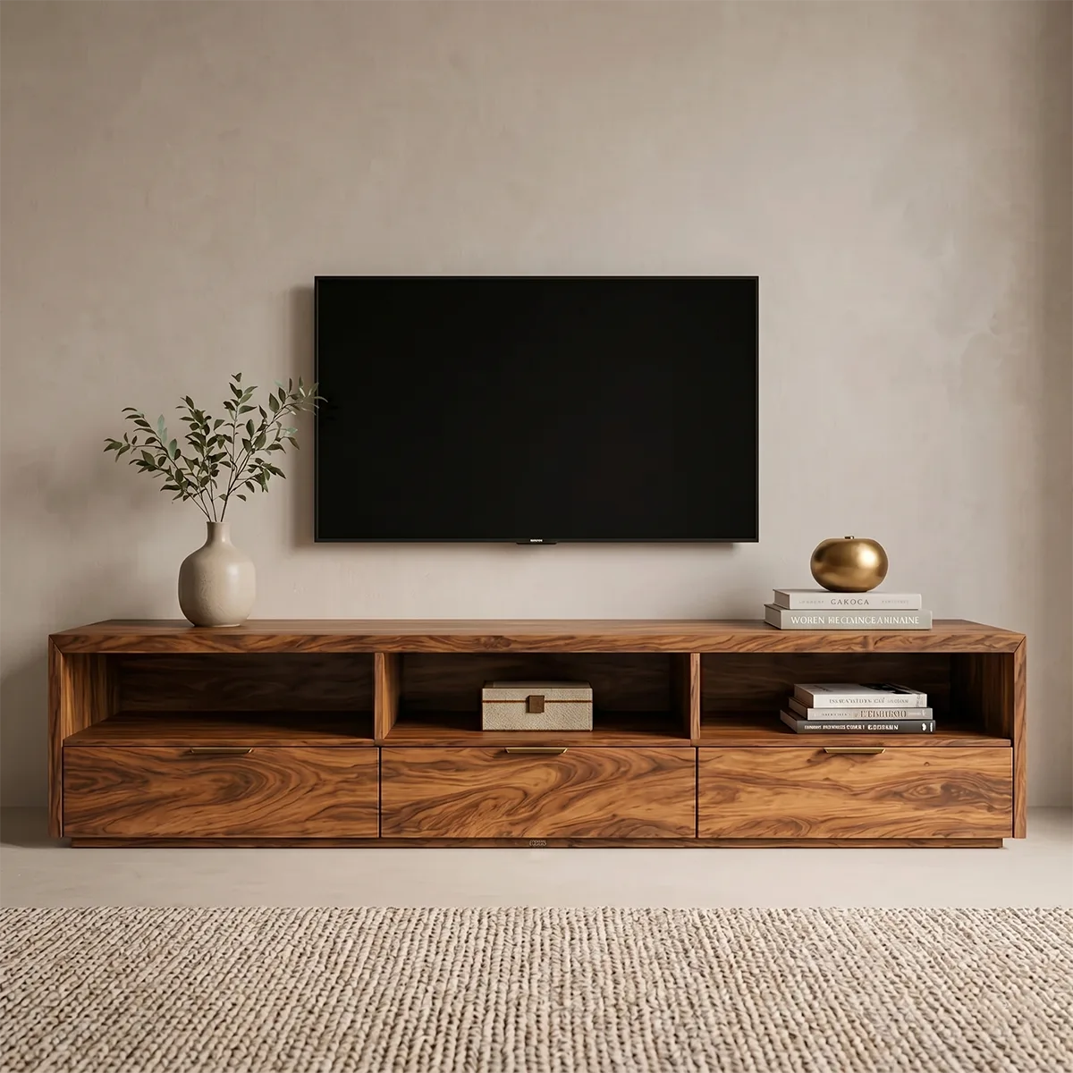 Modern Media Console with Open Shelves and 3 Drawers