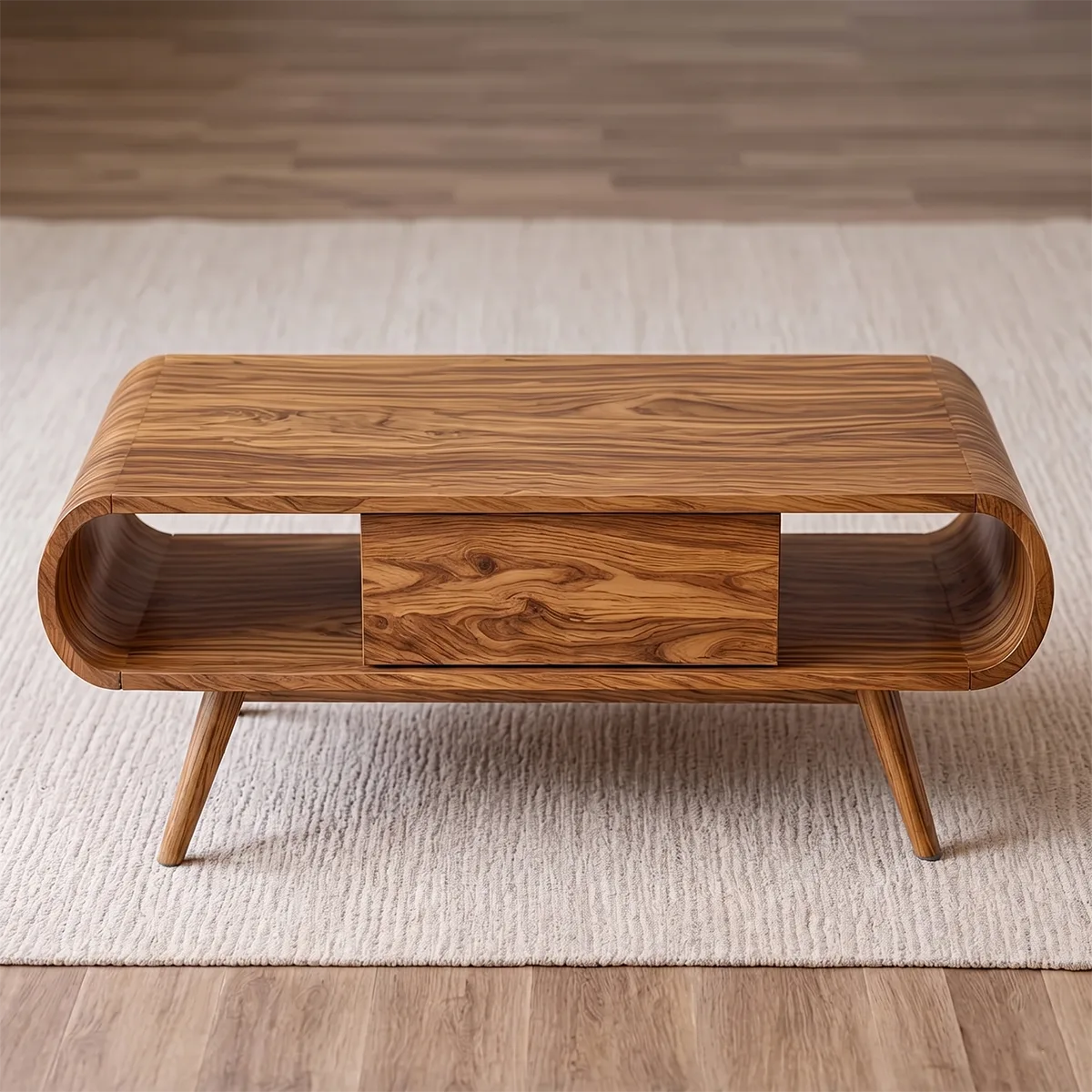 Mid Century Modern Solid Wood Curved Coffee Table with Storage