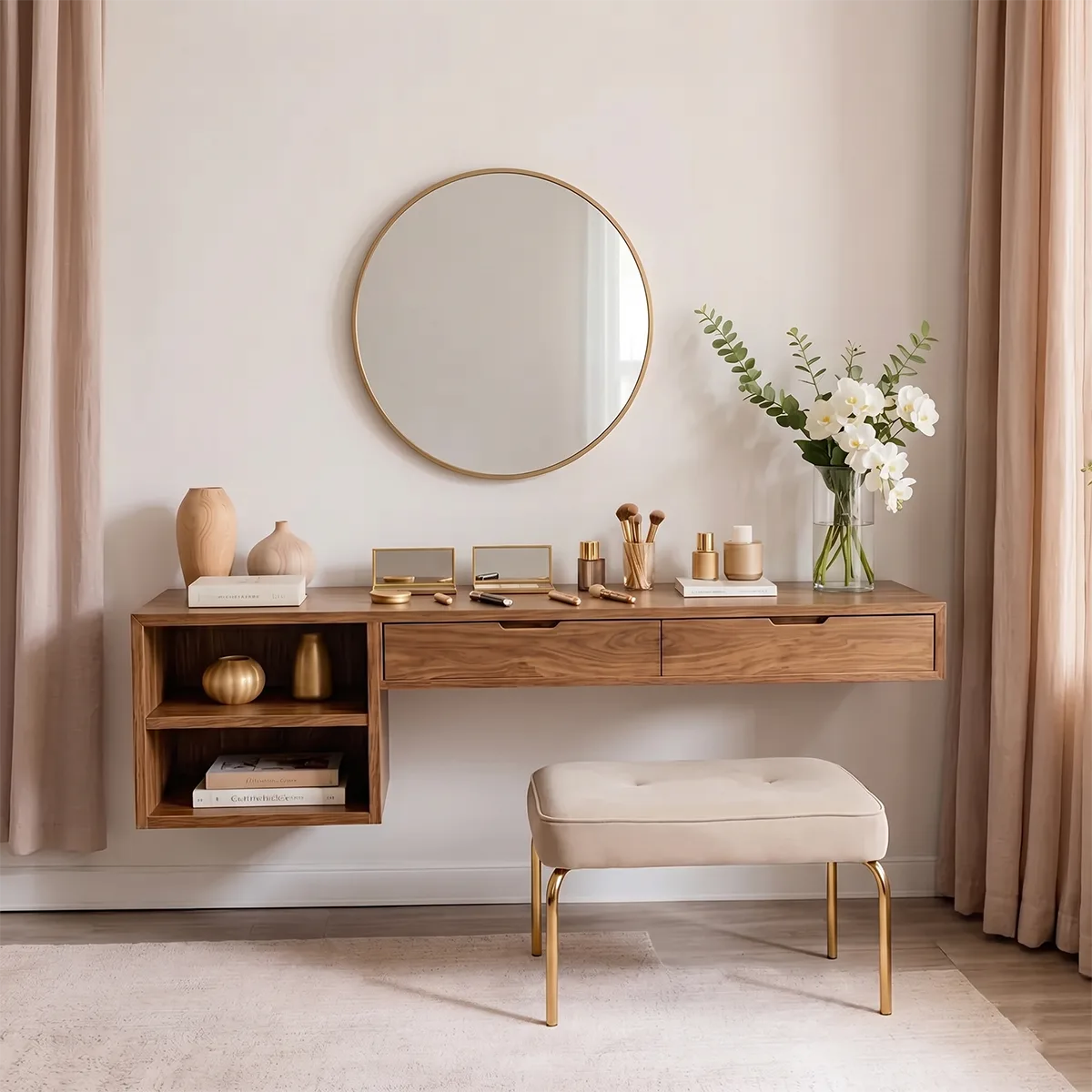 Floating Solid Wood Vanity Desk with Open Shelving and Storage Drawers
