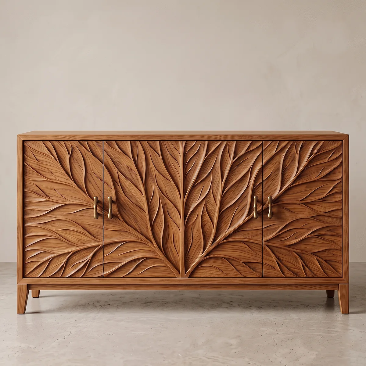 Leaf Carved Solid Wood Sideboard | Botanical Buffet Cabinet for Organic Modern & Japandi Interiors TH003-8571