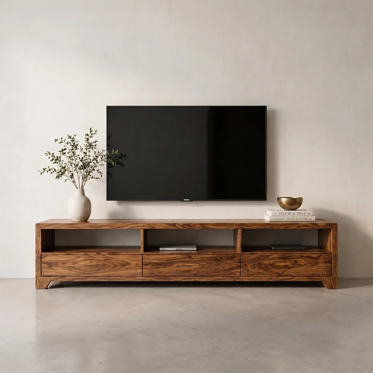 Minimalist Media Console with Open Shelves and 3 Drawers