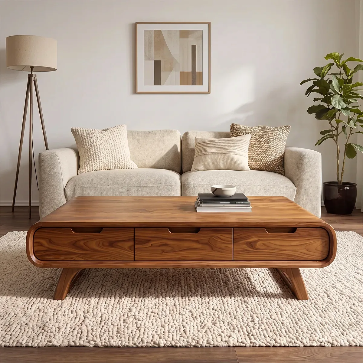 Modern Rounded Coffee Table with 3 Drawers | Mid Century Living Room Storage Table TH003-6LLU2ZO
