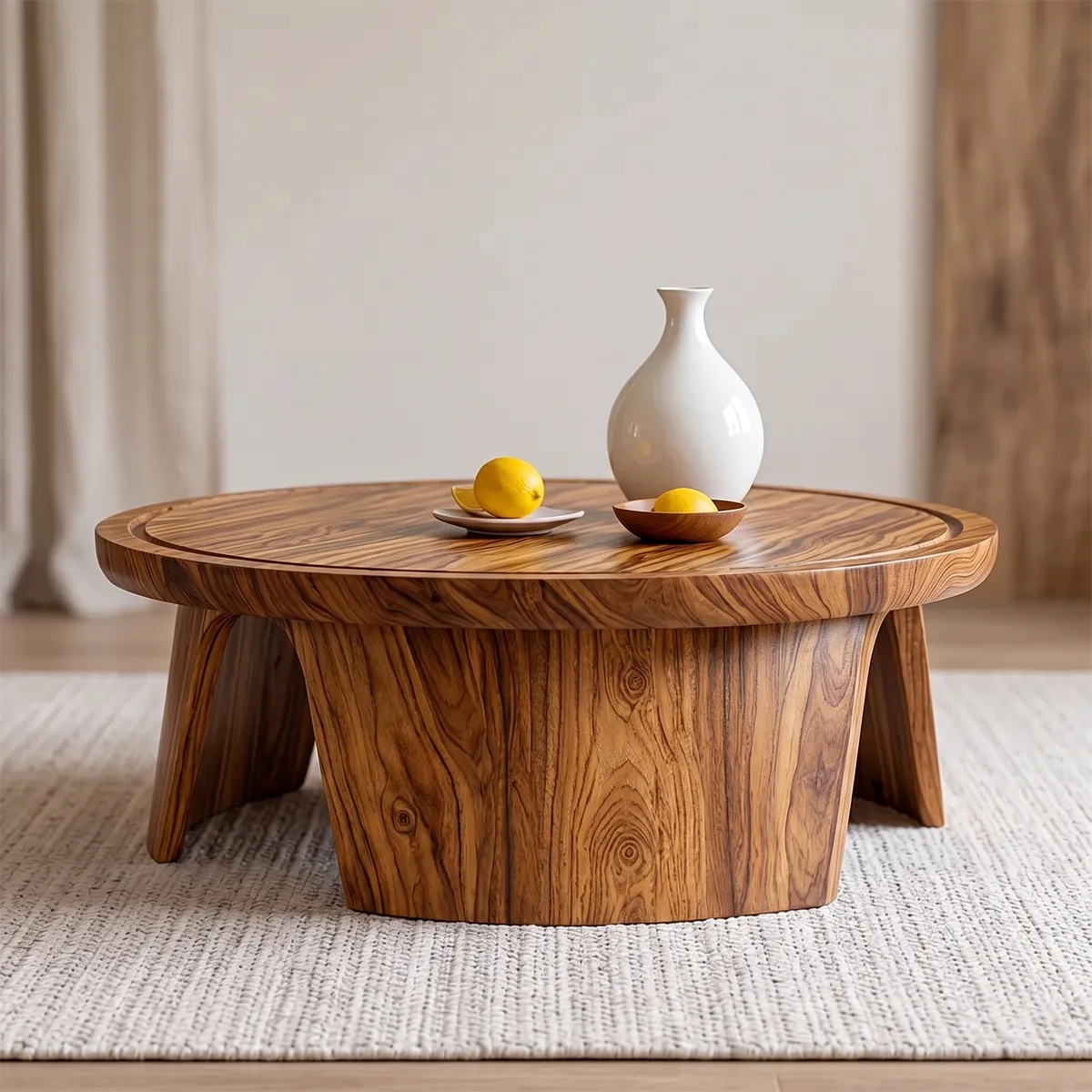 Solid Wood Round Tray Top Coffee Table Handcrafted Sculptural Living Room Table
