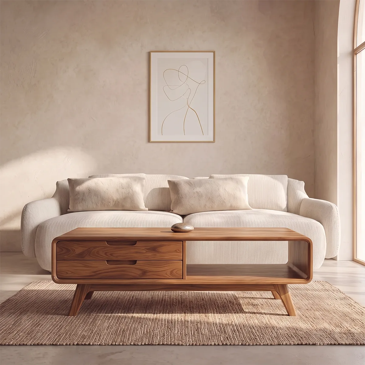 Modern Rectangular Coffee Table with 2 Drawers & Open Shelf | Mid Century Living Room Table TH003-1NPV4UT