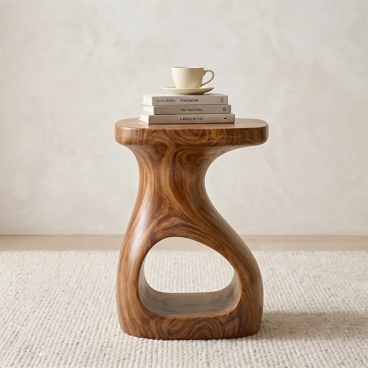 Solid Wood Side Table with Open Shelf | Sculptural End Table TH003-2155