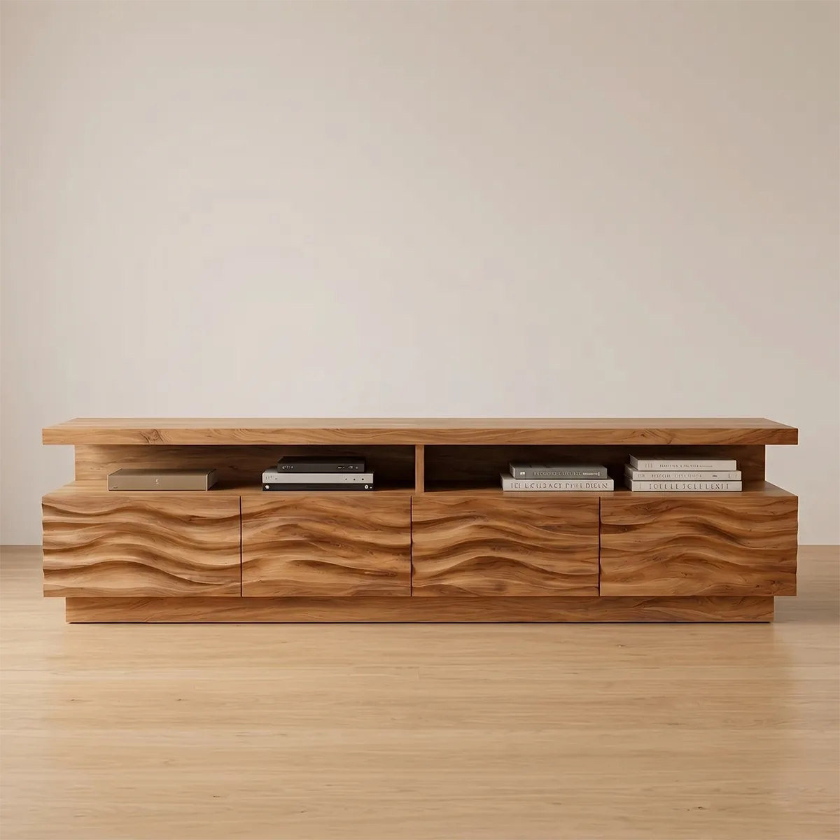 Wave Front TV Console with Open Shelves and 4 Drawers