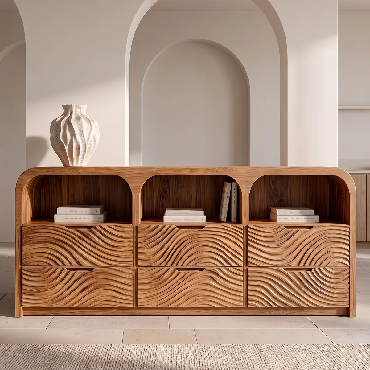 Wave Carved Solid Wood Storage Cabinet | Modern Credenza with Drawers & Open Shelves TH003-9574