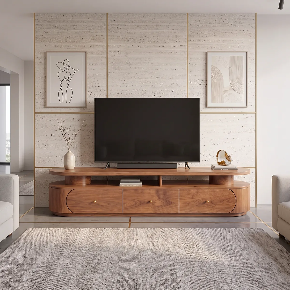 Modern TV Stand with 3 Drawers & Open Shelf | Curved Media Console TH003-1IBC4JQ