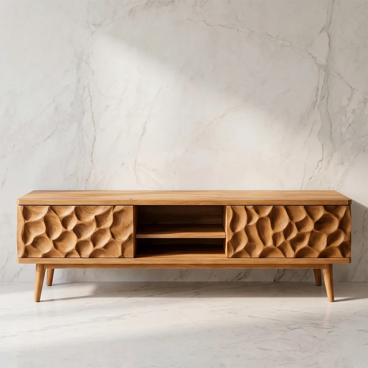Sculpted Wood TV Stand with Open Center Shelves and Textured Doors