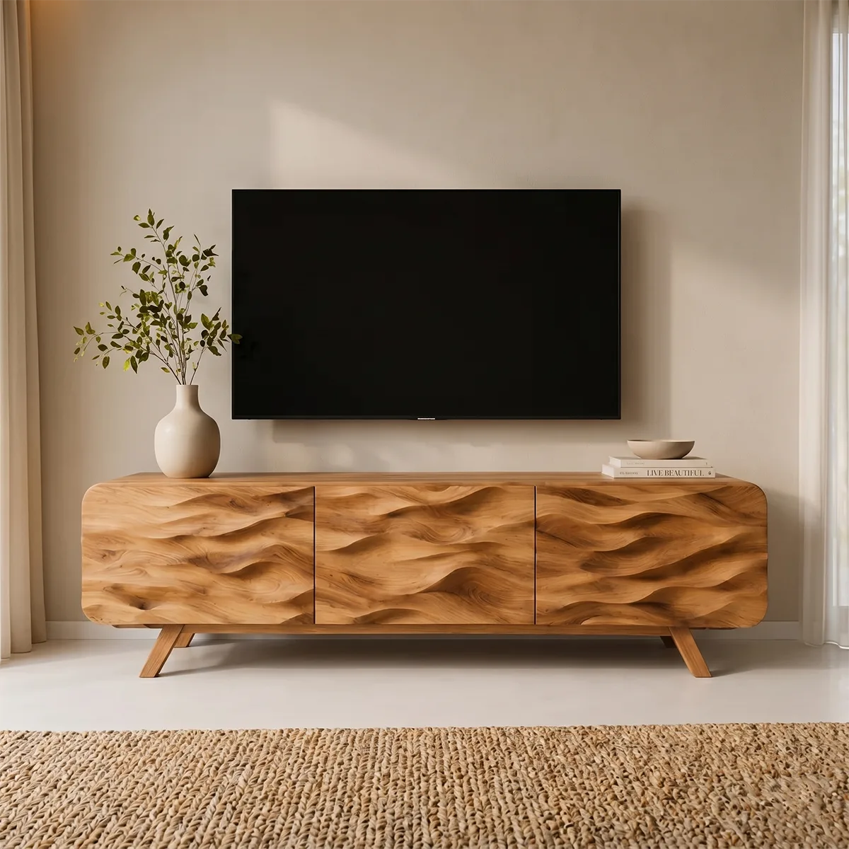 Carved Wave TV Cabinet with 3 Doors and Rounded Sides