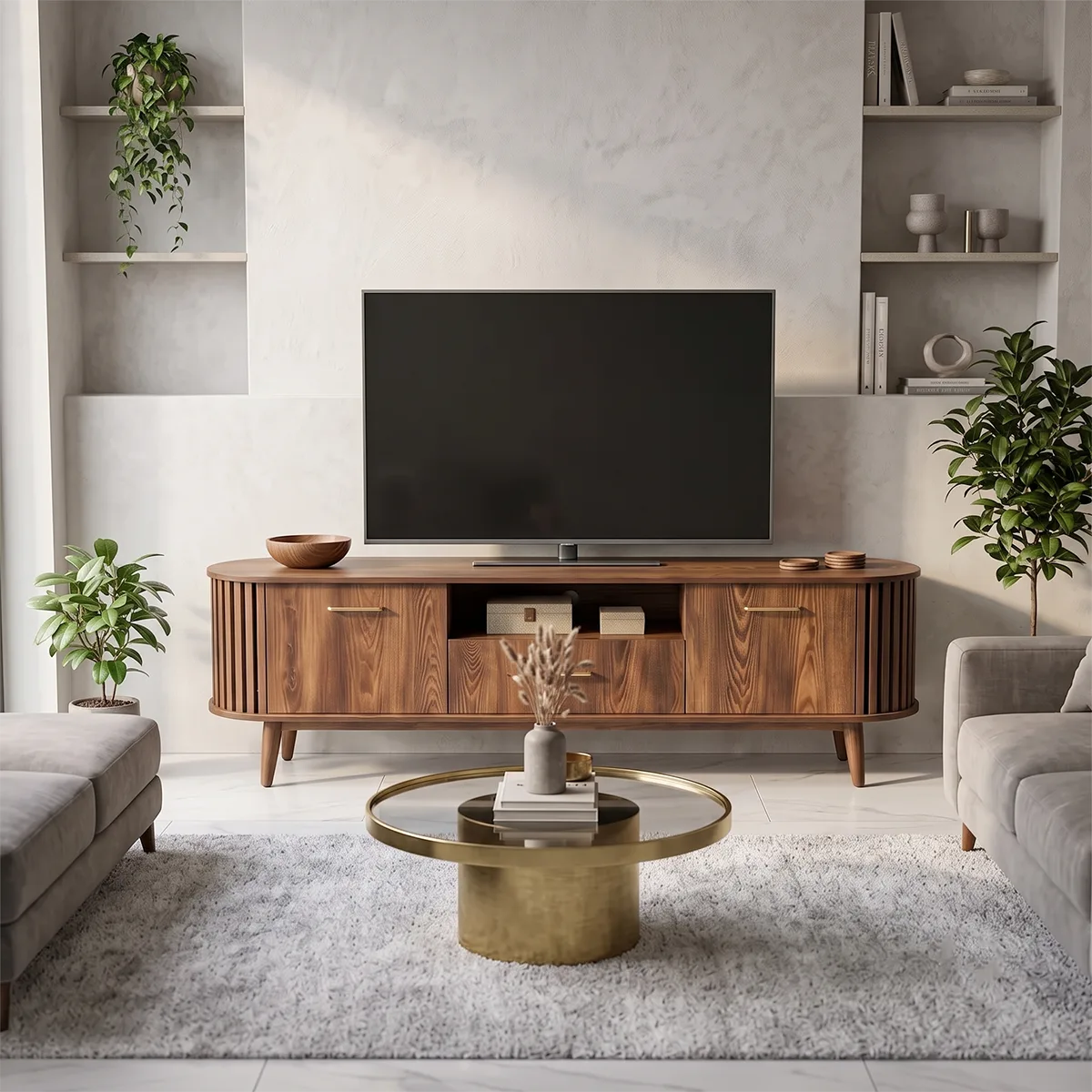 Mid-Century Modern TV Stand with 2 Cabinets & Drawer | Fluted Media Console TH003-4CGT3CA