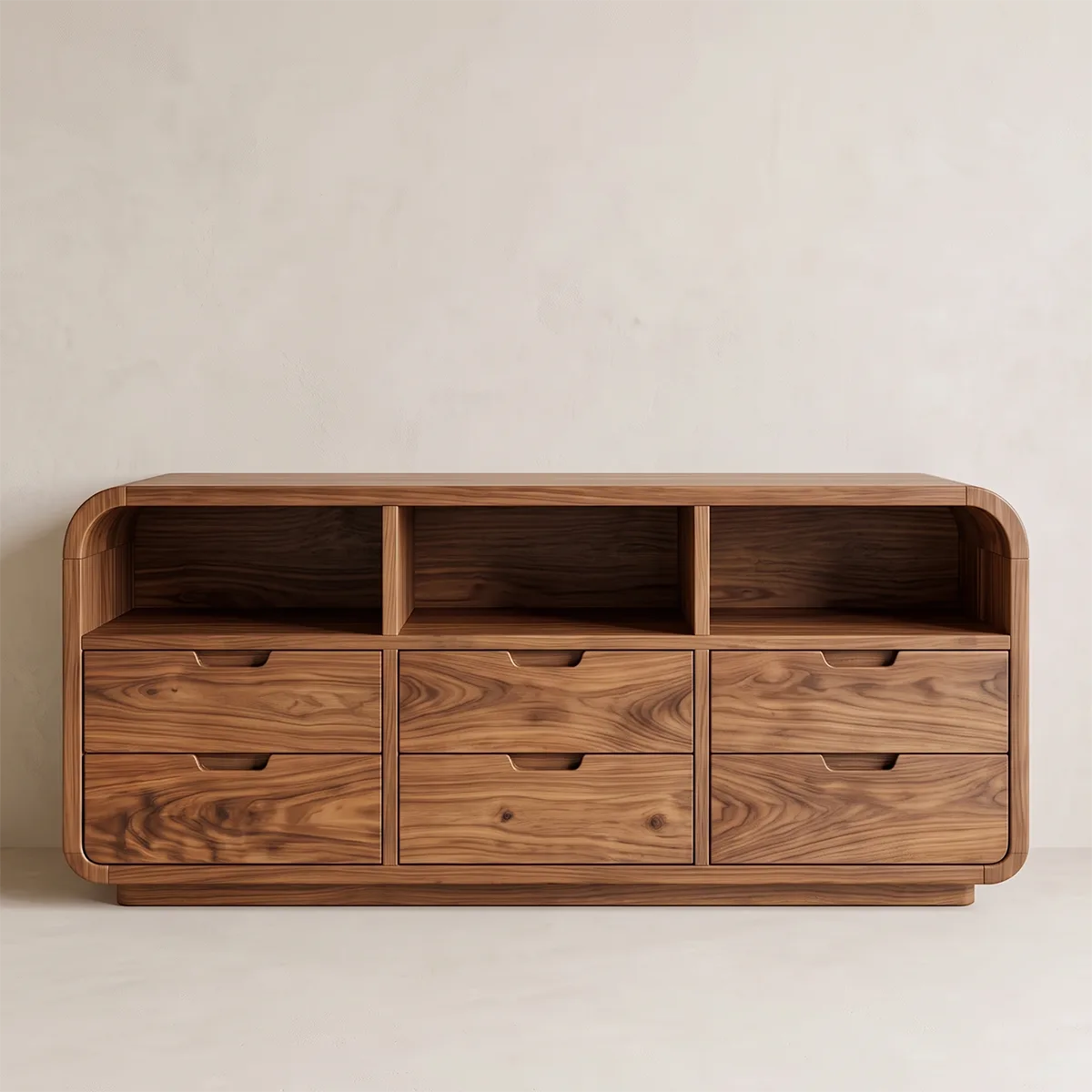Modern Sideboard Cabinet | 6 Drawer Storage Cabinet with Open Shelves & Rounded Waterfall Design TH003-3023