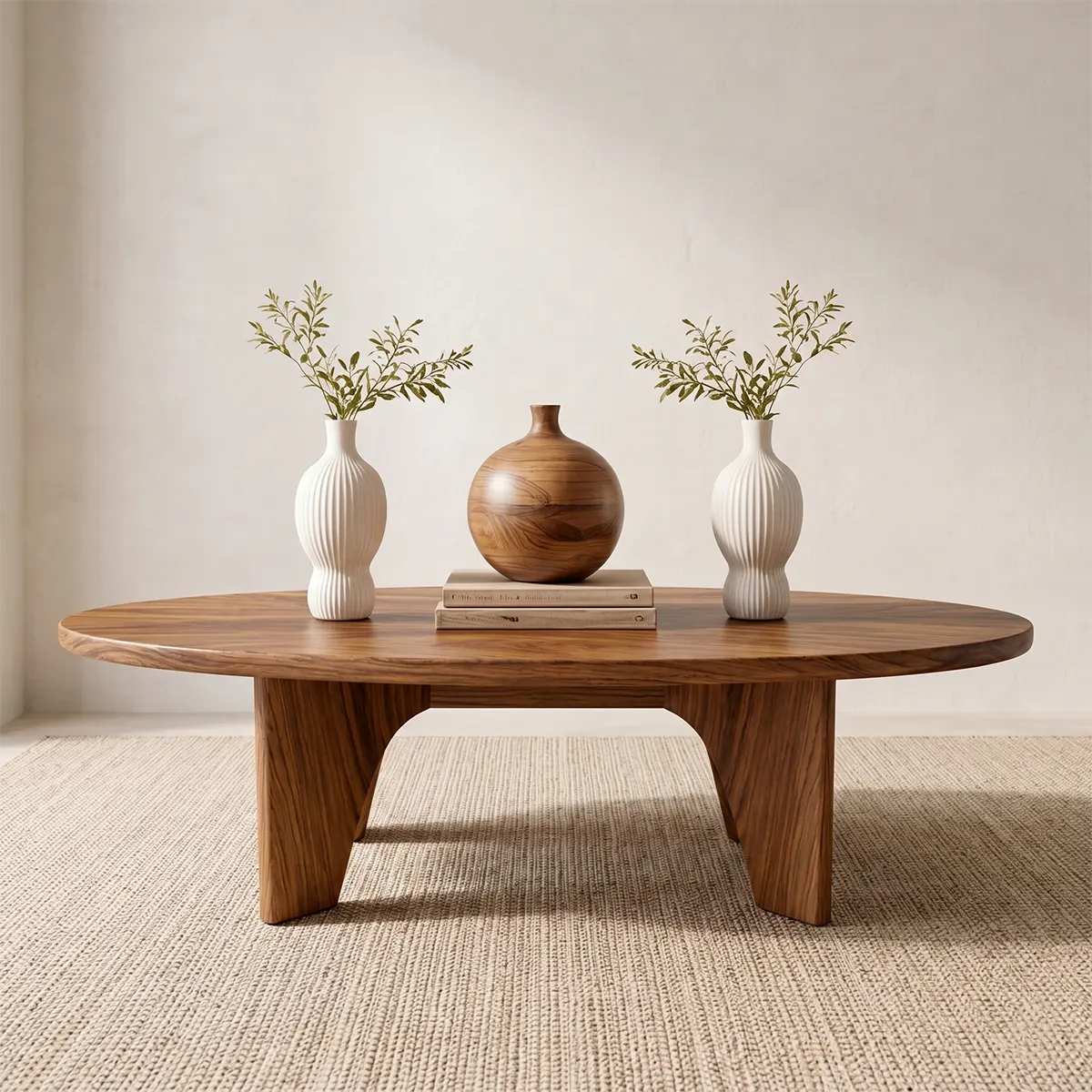 Modern Solid Wood Oval Coffee Table with Angled Slab Legs