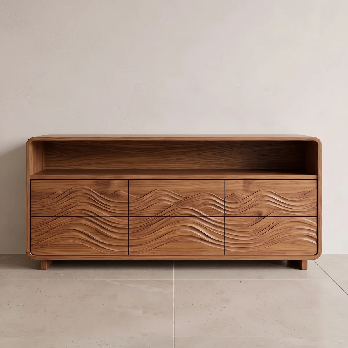 Modern Sideboard Cabinet | Wave Carved Storage Cabinet with Open Shelf & 6 Drawers TH003-7310