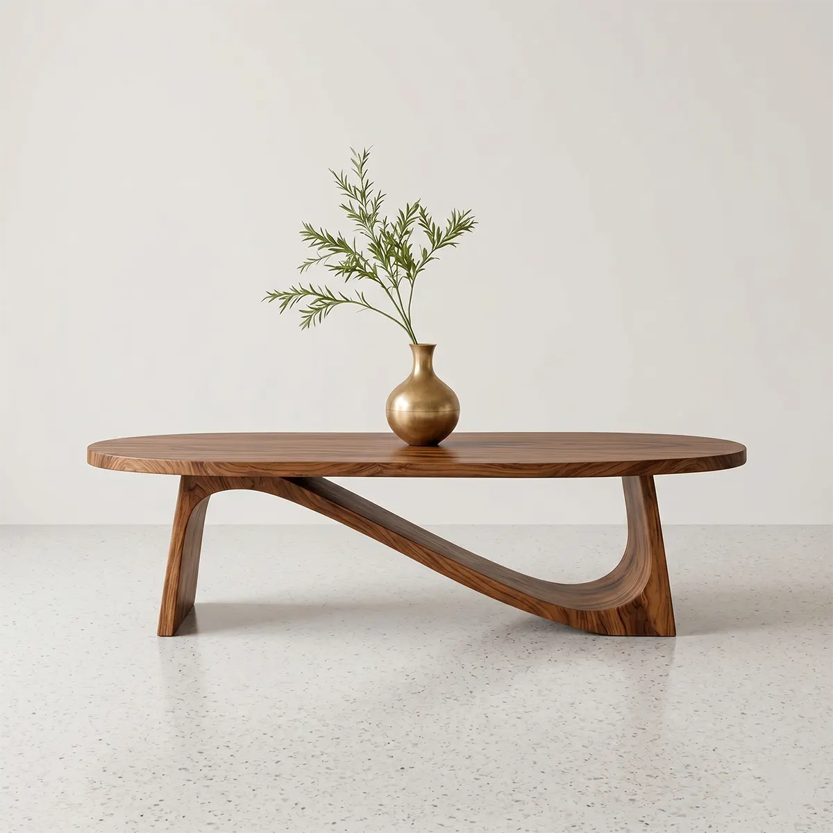 Modern Solid Wood Oval Coffee Table with Sculptural Sweeping Base