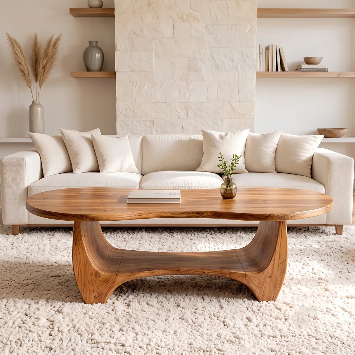 Sculptural Rounded Coffee Table with Open Shelf | Organic Modern Center Table TH003-1FNF7SN