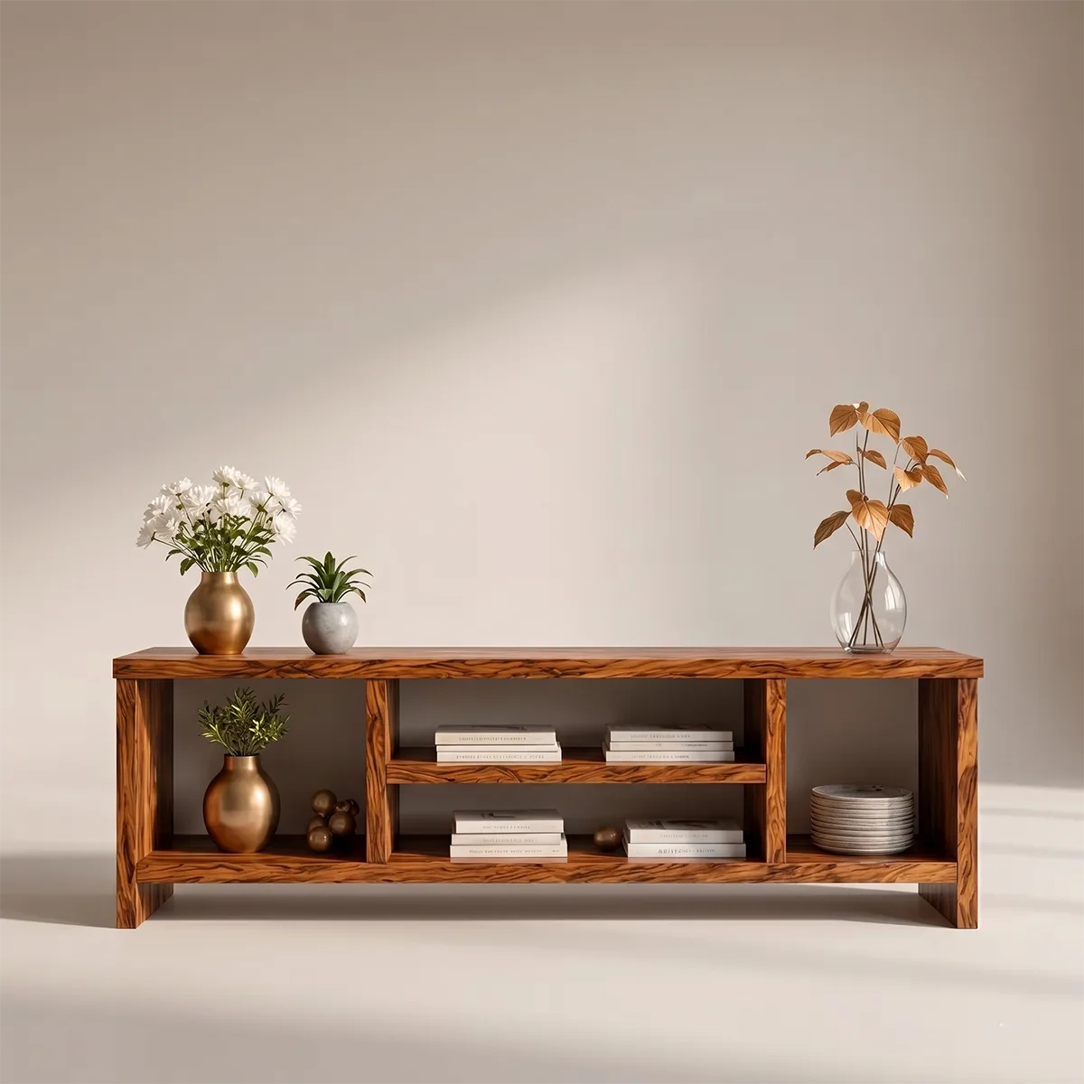 Modern Solid Wood Geometric TV Stand with Open Shelving