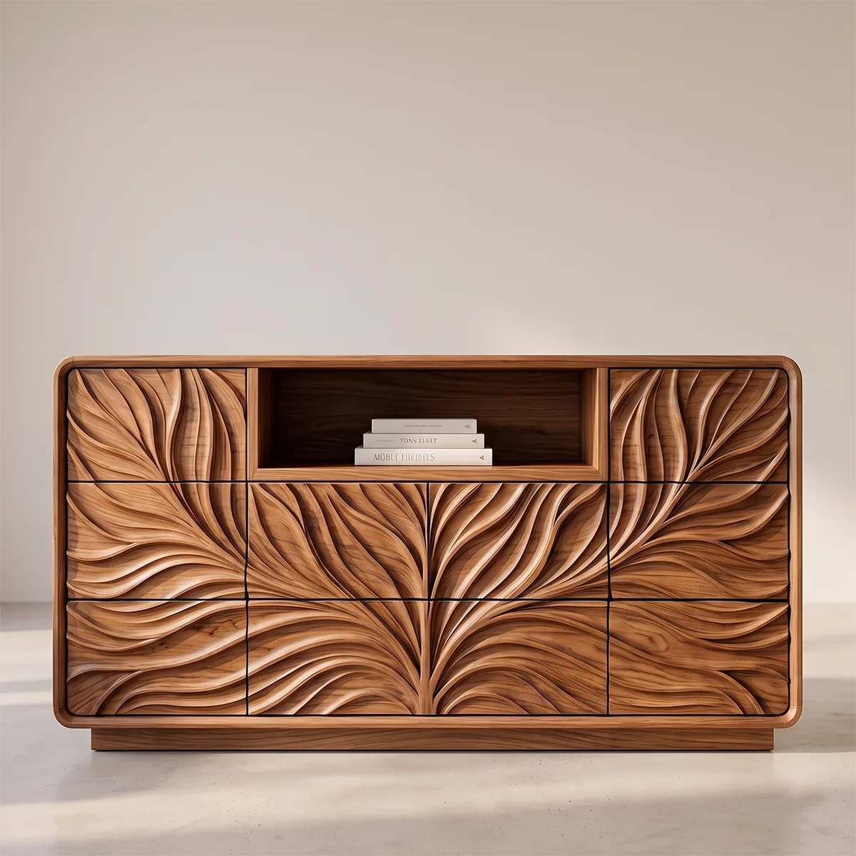 Modern Sideboard Cabinet | Leaf Carved Storage Cabinet with Open Shelf & 8 Drawers TH003-9785