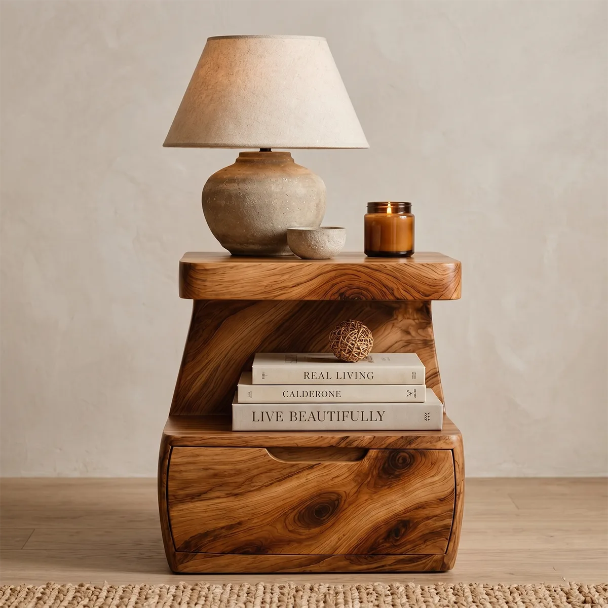 Handcrafted Solid Wood Nightstand Organic Bedside Table with Storage Drawer