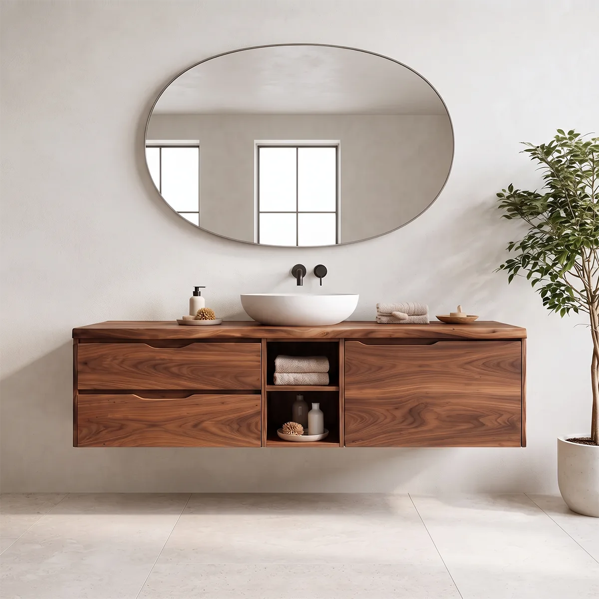 Modern Floating Bathroom Vanity | Wall Mounted Storage Cabinet with Drawers and Open Shelving TH003-5PPH1AS
