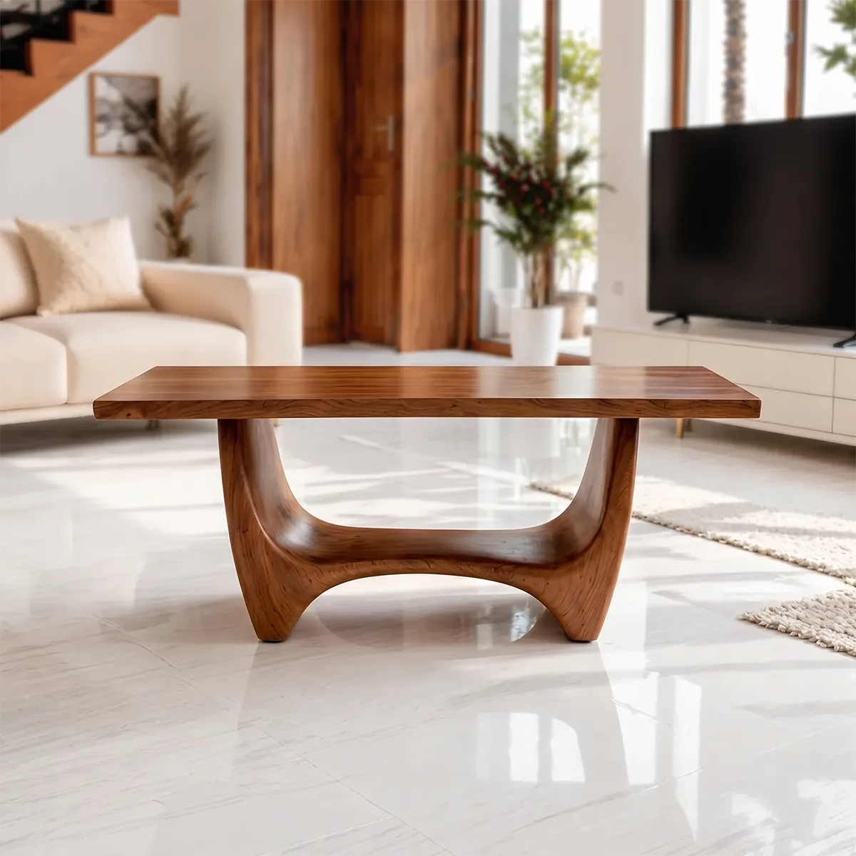 Modern Solid Wood Coffee Table with Sculptural Hourglass Base