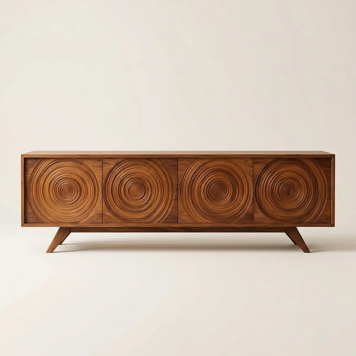 Mid Century Modern Solid Wood Carved Door TV Stand