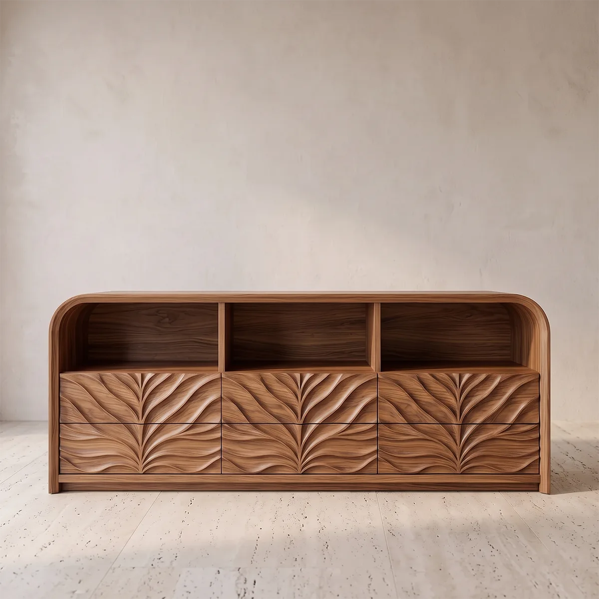 Modern Sideboard Cabinet | Leaf Carved Storage Cabinet with Open Shelves & 8 Drawers TH003-9304