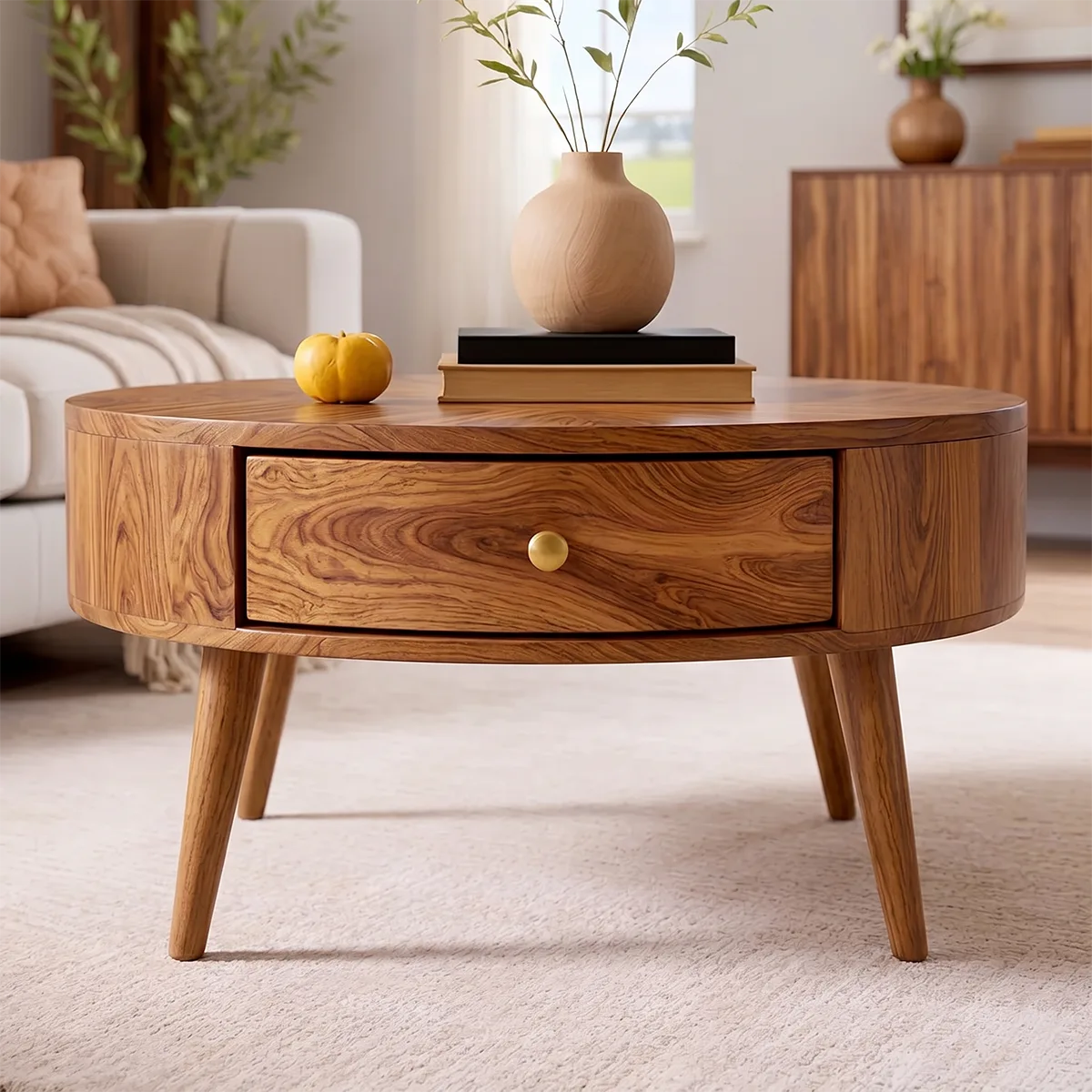Mid Century Modern Solid Wood Round Drum Coffee Table with Drawer