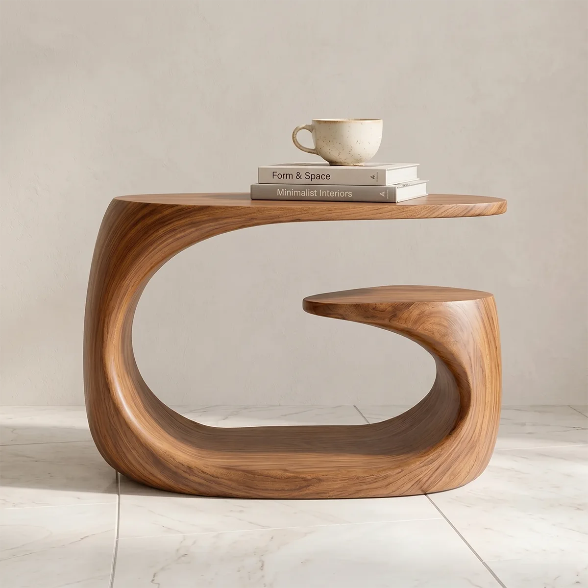 Handcrafted Solid Wood End Table with Open Shelf – Sculptural Japandi Side Table for Living Room TH003-8927
