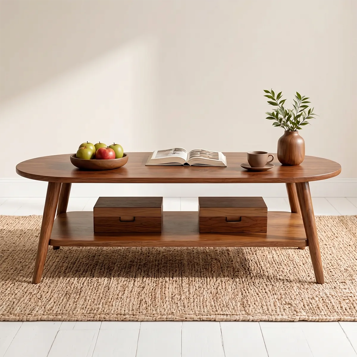 Mid Century Modern Solid Wood Two Tier Oval Coffee Table