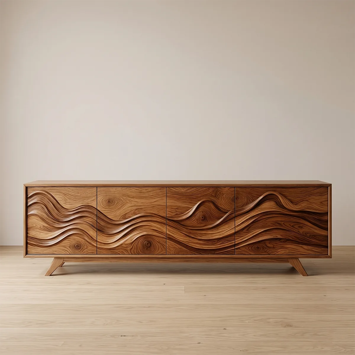 Mid-Century Modern Solid Wood TV Stand with Cabinet and Open Shelving